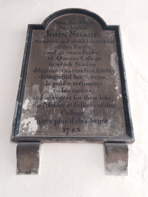 Memorial to John Sharp, butler of Queens' College