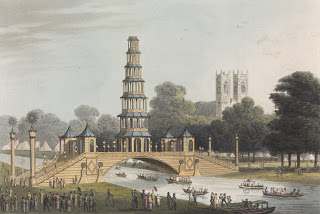 The Hyde Park Chinese bridge and pagoda, before the conflagration.