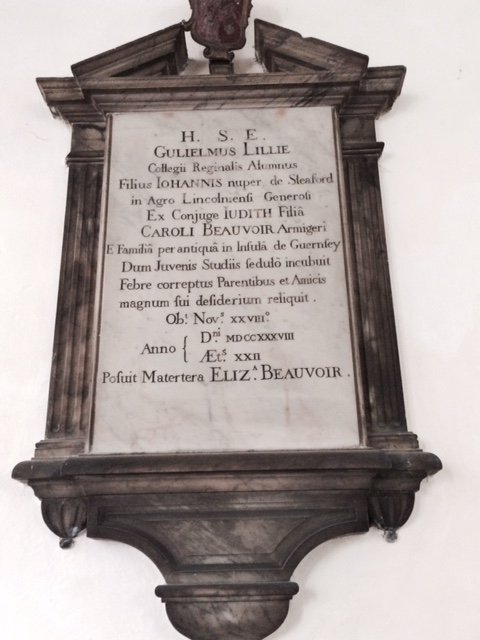 Memorial to the Queens' student William Lilly