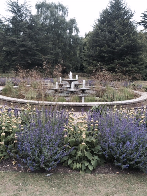 The fountain, surrounded by a brilliant planting of Stipa gigantea, phlomis and nepeta