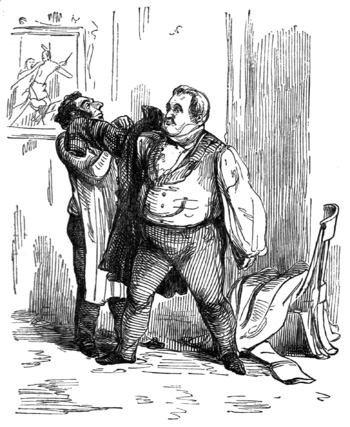 The unheroic Jos preparing to flee Brussels: Thackeray's own drawing for the first edition of Vanity Fair.