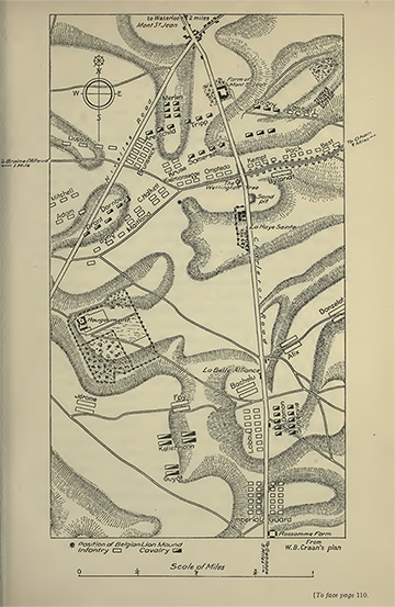 This plan from the book shows the field of Waterloo, with the farmhouse at Mont-St_Jean, where William died, at the top