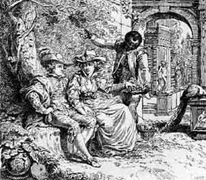 This Rubens-like etching of himself and his wife by Richard Cosway may depict Cugoano as the servant offering fruit.