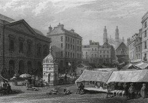 Le Keux's engraving of the market place before the fountain was removed.