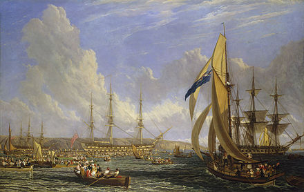The scene in Plymouth Sound in August 1815, as sightseers surrounded the Bellerophon, by John James Chalon. Credit: the National Maritime Museum.