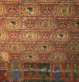Part of the ceiling at Jesus College. Note the college shield, punning on Alcock's name.