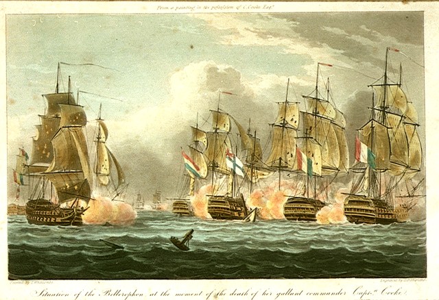 Depiction of Bellerophon, surrounded by French ships, at the moment of Cooke's death, by Thomas Whitcombe. Credit: National Maritime Museum.