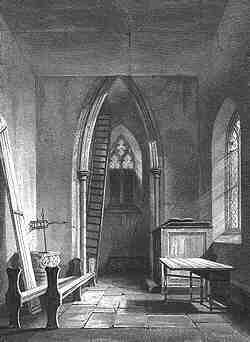 The delapidated interior of St Peter's church, from Le Keux's engraviing of 1841–2.