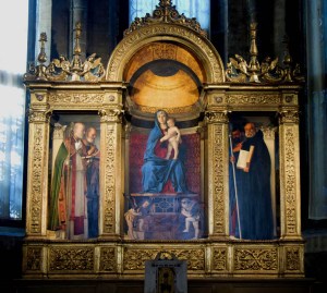 Bellini's triptych: the Virgin and Child with Sts Nicholas and Peter (left) and Mark and Benedict (right).