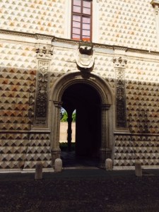 The entrance door, with courtyard garden beyond.