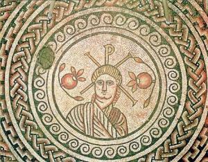 Detail of the Hinton St Mary Christian mosaic from Dorset, now in the British Museum: Christ flanked by two pomegranates.