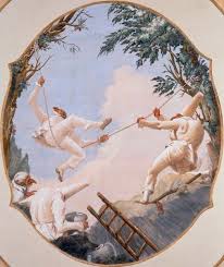 Punchinellos playing swings, perhaps a parody of Fragonard?