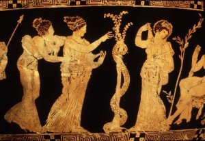 A red-figure vase showing three of the Hesperides with the magic apple tree, Ladon the snake twisting round the trunk.