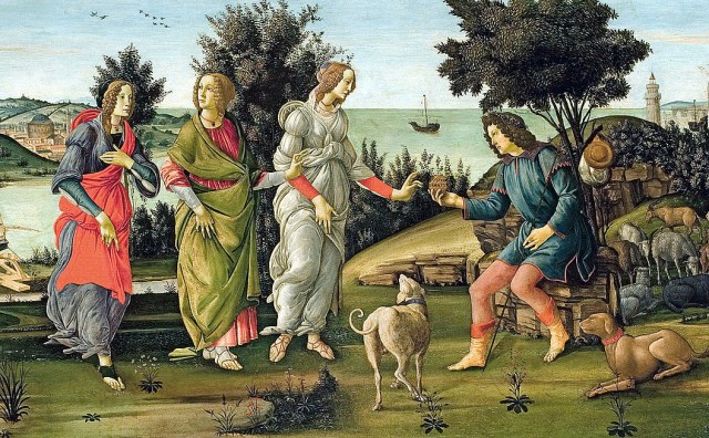 In this version of the Judgement of Paris (in the Cini Gallery in Venice) Botticelli has not followed the normal convention of depicting the three goddesses naked.