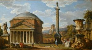 In this 'Capriccio' of Roman ruins by G.P. Pannini, the Farnese Hercules is put into unreal juxtaposition with the Pantheon, Trajan's Column, a massive stone urn., and other architectural fragments.