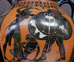In this Attic black-figure vase in the Louvre, Hercules attacks Geryon, who has three heads, three shields and six legs.