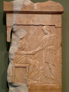 The gravestone of Mynia (Athens, c. 370 BCE). (Credit: Getty Museum.)