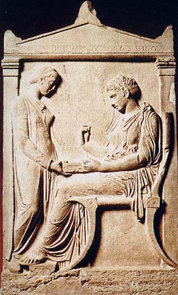 The stele of Hegeso, from the Dipylon cemetery at Athens, c. 410 BCE.