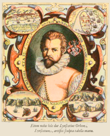 Linschoten: a colour version of the fontispiece of his book, with St Helena bottom right.