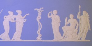 A modern Wedgwood plaque deriving from the image above: Hercules sits next to the nymph on the right of the tree.