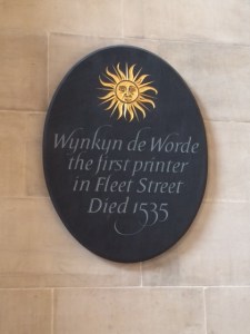Wynken de Worde's memorial plaque, in the church where he was buried.