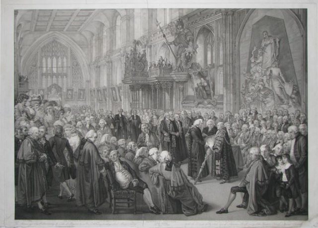 Alderman Newnham takes the oath at Guildhall in 1782. A print by the firm of John Boydell, who himself became Lord Mayor in 1790.