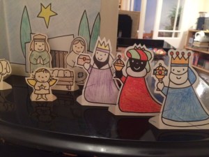 The three kings arrive at the manger, in Dick Bruna's version. (Colouring by CEM.)