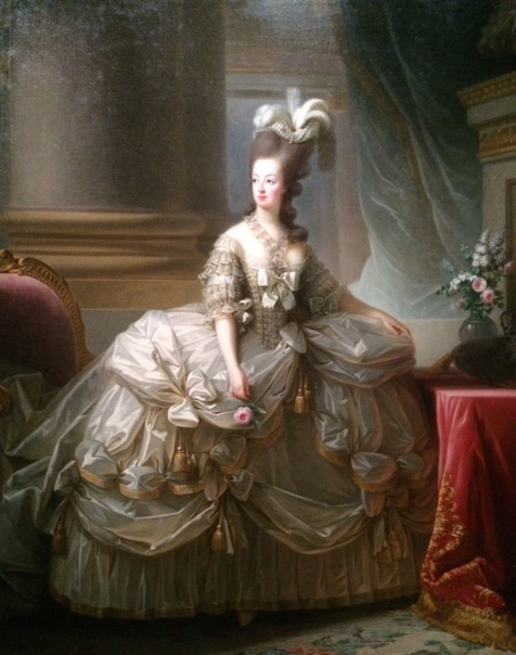 Marie Antoinette in court dress (1778), holding a Bourbon rose.