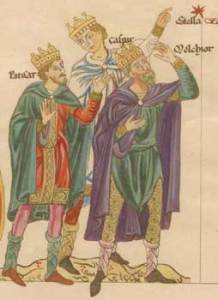 The three kings see the star, from the Hortus deliciarum by Abbess Herrad of Landsberg (reproduced by Christian Maurice Engelhardt, 1818).