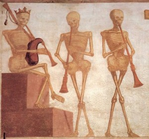 The monarch Death plays the bagpipes, with two friends.