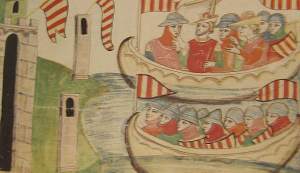 The arrival of the Aragonese at Trapani: Pedro is in the upper boat, with a crown round his hat.