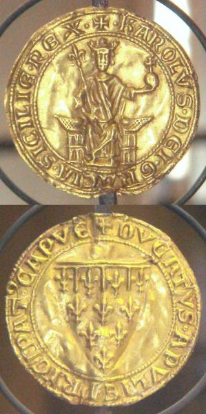 A gold coin issued by Charles and king of Sicily.