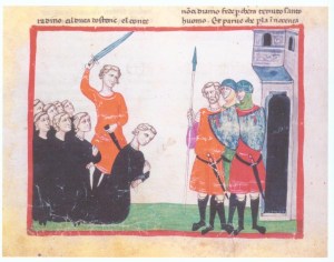 The execution of Conradin. (Biblioteca Apostolica Vaticana, Cod. Chigi L VIII 296, fol. 112v).
