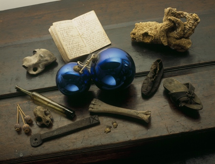 Witch balls (and a witch bottle) in the Museum of Cambridge. (Credit: The Museum of Cambridge)