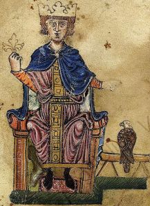 Frederick II, Holy Roman Emperor, with a falcon. He had written a treatise on hunting with birds. (Biblioteca Vaticana, Pal. lat 1071)