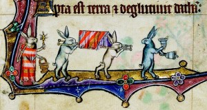 Rabbits conduct a funeral, from the Macclesfield Psalter. (Credit: the Fitzwilliam Museum)