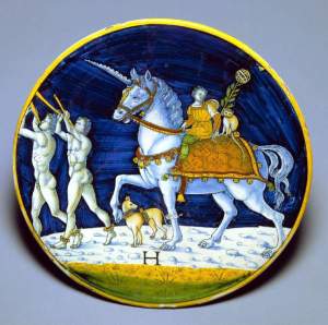 A maiolica plate in the Fitzwilliam Museum.