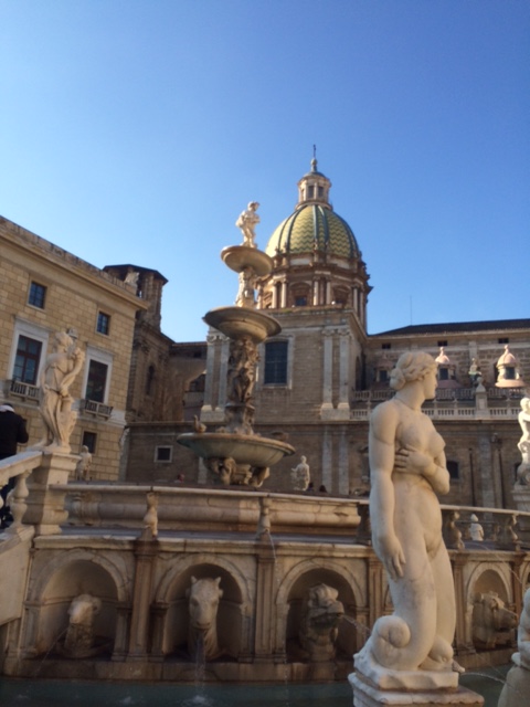 The so-called 'Fountain of Shame' outside the municipal building in Palermo: the shame derives from the nudity of the statues rather than the city's reputation for robbery.