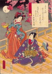 Viewing cherry blossoms by moonlight (1852), by Utagawa Kunisada.