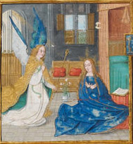 The peacock-winged angel Gabriel salutes the Virgin Mary.