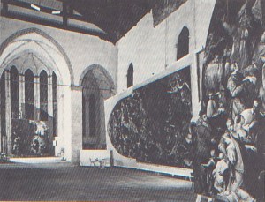 A contemporary photo of San Gregorio in the late 1960s. The pictures are Tintoretto's 'Presentation of the Virgin in the Temple' and 'Last Judgment', both from the church of the Madonna del Orto, restored after the floods by the efforts of the British charity Venice in Peril.