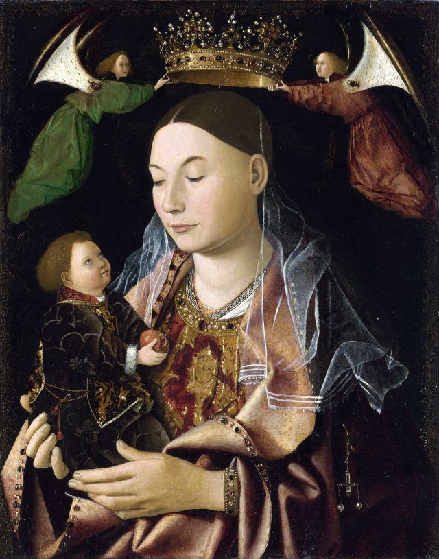 The Salting Madonna (George Salting was the benefactor who left his collection to the National Gallery in 1910). Look at the angels' wings, apparently attached by jewelled pins, and the infant Jesus, dressed like a little bishop.