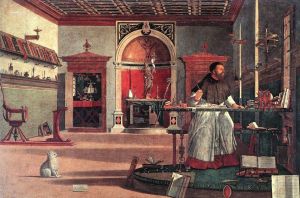 St Augustine and his dog hear a mystic voice announcing the death of St Jerome.