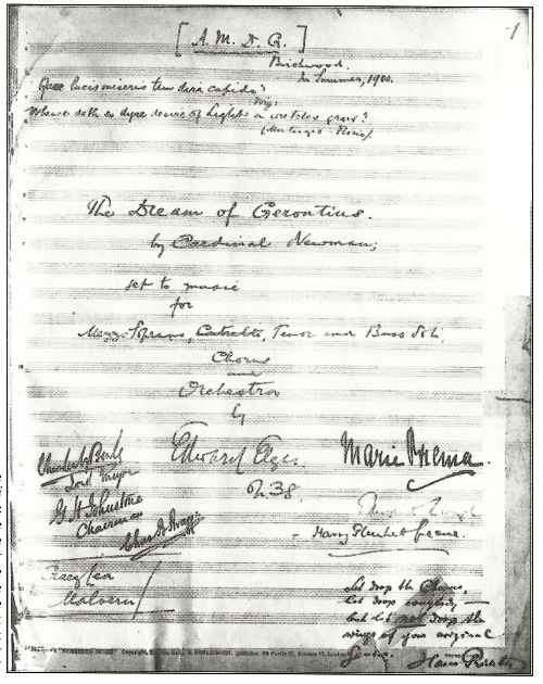 The title page of the score, presented by Elgar to the Birmingham Oratory. By coincidence, there's a programme about the score currently on BBC Radio iplayer: