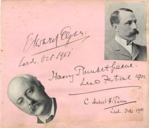 A leaf from an autograph book with the signatures of Elgar and Sir Hubert Parry. Harry Plunkett Greene, the Irish baritone, sang the Priest/Angel of the Agony at the premiere, but apparently was not on good form.