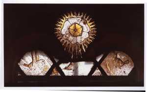 The white rose and the sun in splendour date the windows to the reign of Edward IV.