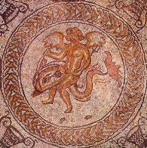 The famous mosaic centre-piece of a winged boy on a dolphin, from the Roman palace at Fishbourne.