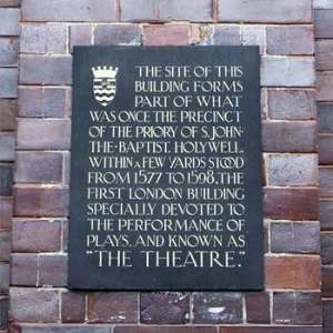 Memorial plaque to the Theatre at the site of the priory of St John the Baptist, Holywell.