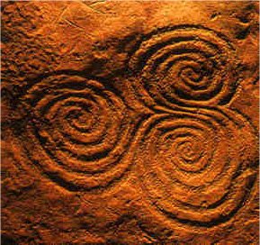 The famous triple spiral engraving from the Newgrange passage tomb in Ireland.