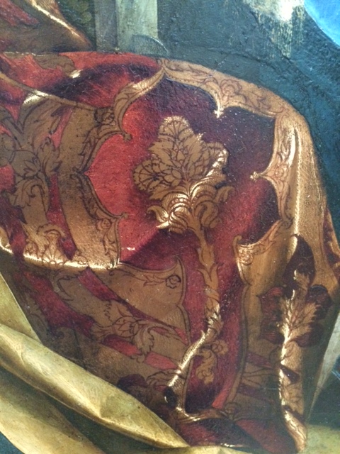 Gorgeous Venetian brocade velvet is used for a robe in this 'Mystic Marriage of St Catherine', by Boccaccio Boccaccino.